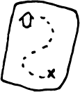 a simple black and white drawing piece of paper; on the paper is a house with a dotted line leading to an x
